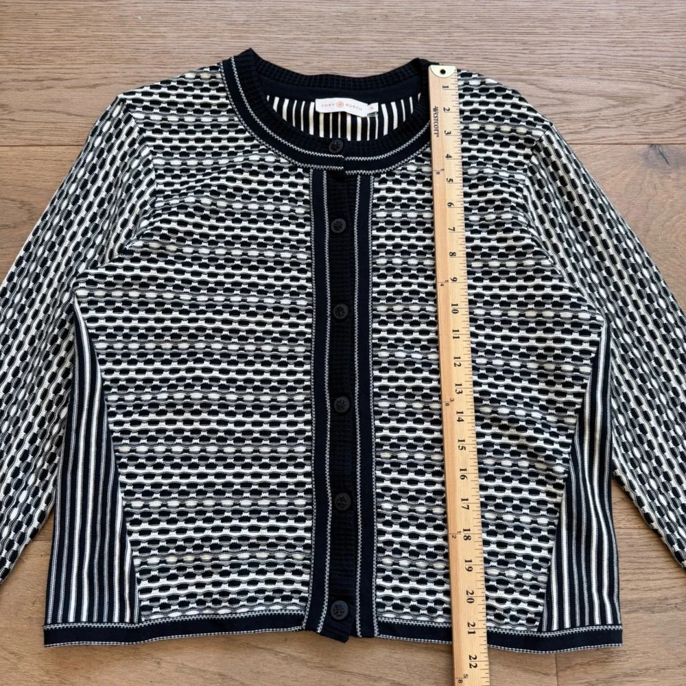 Tory Burch Black White Mixed‎ Pattern Knit Cardigan Sweater XL Cotton Blend Logo